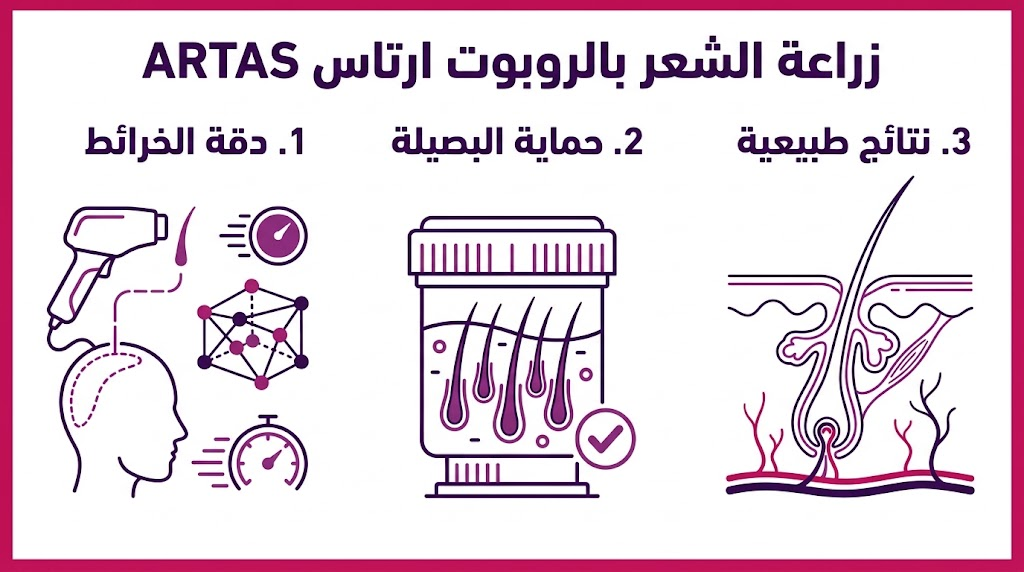  بوستر إنفوجرافيك يشرح الميزات الثلاث الأساسية لتقنية زراعة الشعر بالروبوت ارتاس ARTAS.