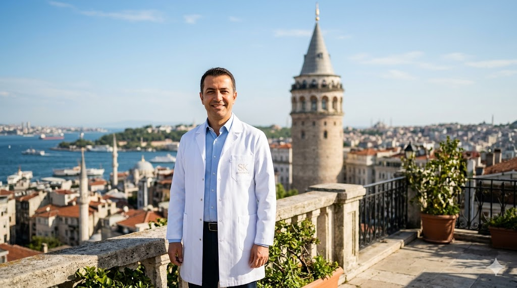طبيب مختص في زراعة الشعر بالروبوت ارتاس ARTAS أمام برج غالاتا التاريخي في إسطنبول.