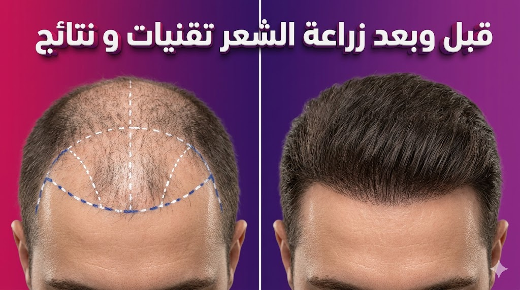  مقارنة قبل وبعد توضح نجاح زراعة الشعر تقنيات و نتائج ملموسة على فروة الرأس.