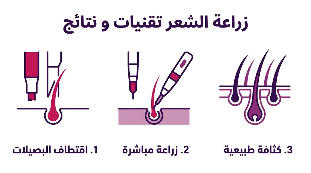  إنفوجرافيك تعليمي يستعرض مراحل زراعة الشعر تقنيات و نتائج الكثافة المطلوبة.