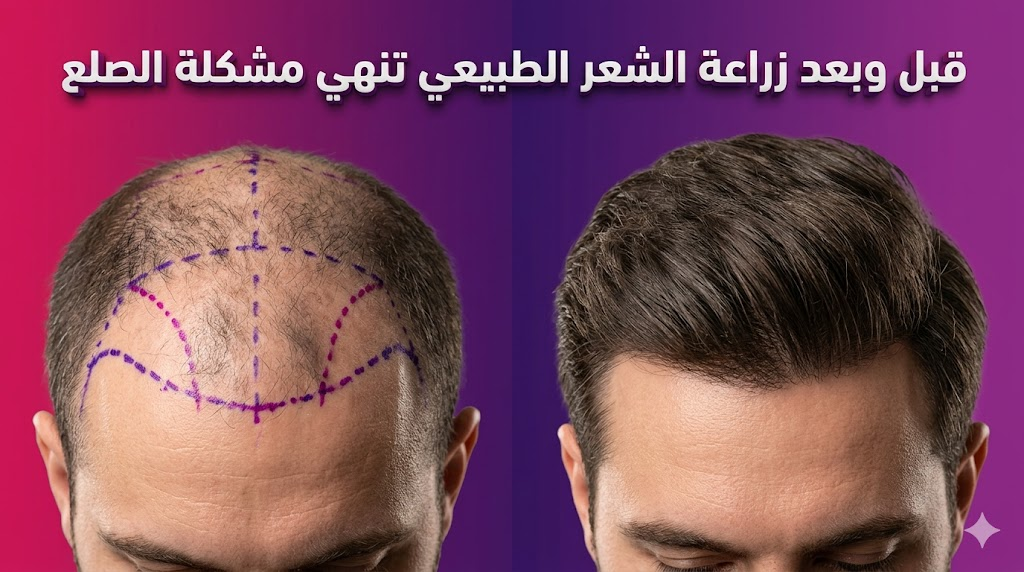  مقارنة قبل وبعد توضح كيف أن زراعة الشعر الطبيعي تنهي مشكلة الصلع مع تحديد الخطوط الجراحية والنتائج النهائية المذهلة.