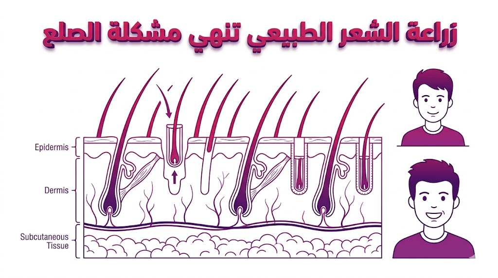 مخطط تشريحي يوضح العملية العلمية التي من خلالها زراعة الشعر الطبيعي تنهي مشكلة الصلع عبر غرس البصيلات في فروة الرأس.