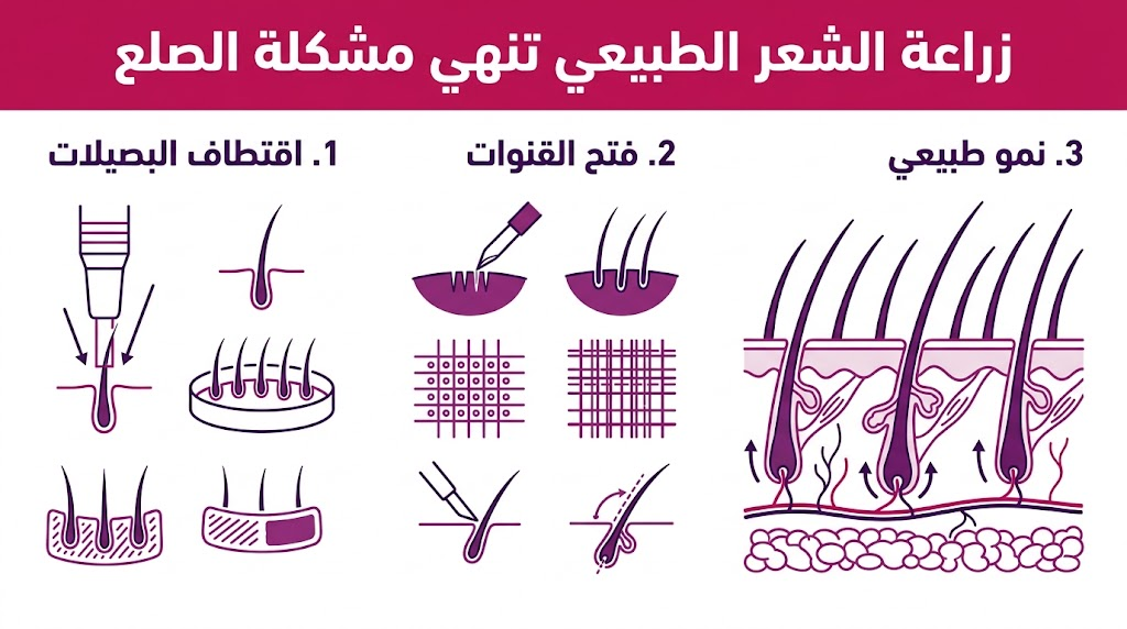  إنفوجرافيك تعليمي يستعرض مراحل العملية وكيف أن زراعة الشعر الطبيعي تنهي مشكلة الصلع من خلال الاقتطاف والزراعة والنمو.