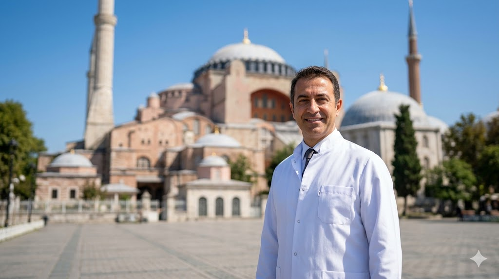  طبيب متخصص يقف أمام آيا صوفيا في اسطنبول كدليل على جودة السياحة العلاجية حيث زراعة الشعر الطبيعي تنهي مشكلة الصلع بأعلى المعايير.