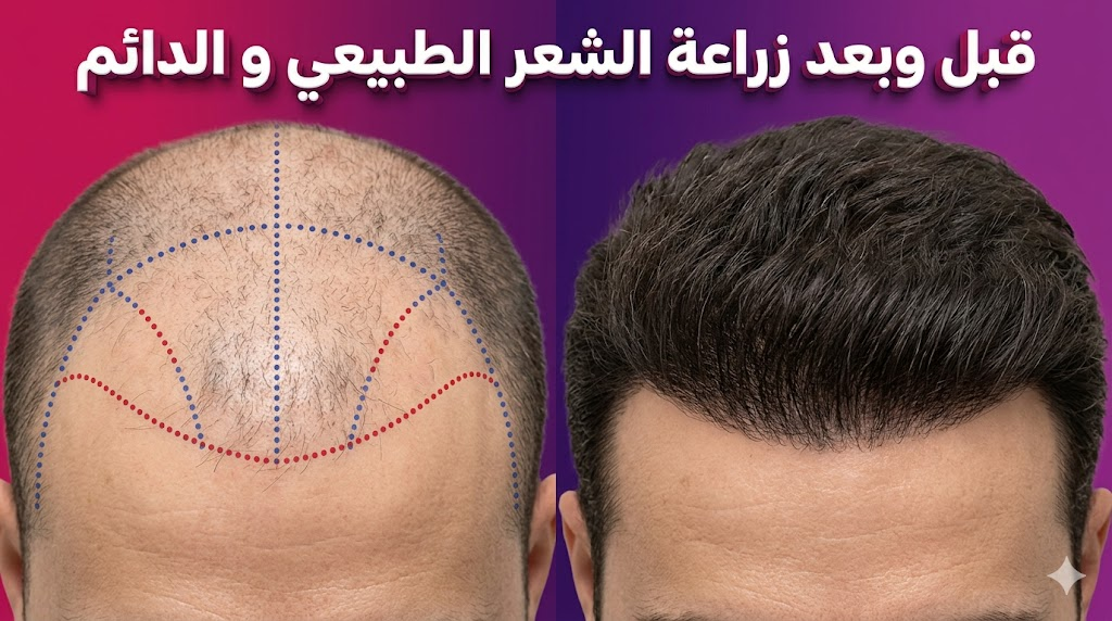  مقارنة قبل وبعد لنتائج زراعة الشعر الطبيعي و الدائم تظهر الكثافة الجديدة وتحديد الخط الأمامي للشعر.