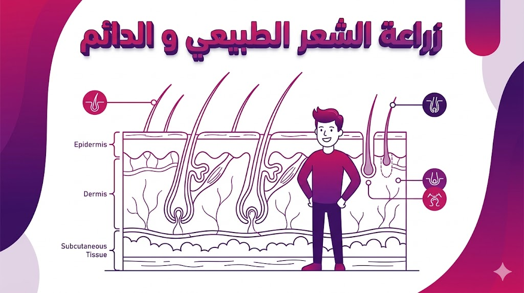 إنفوجرافيك طبي يوضح تشريح فروة الرأس والأسلوب العلمي المتبع في زراعة الشعر الطبيعي و الدائم.