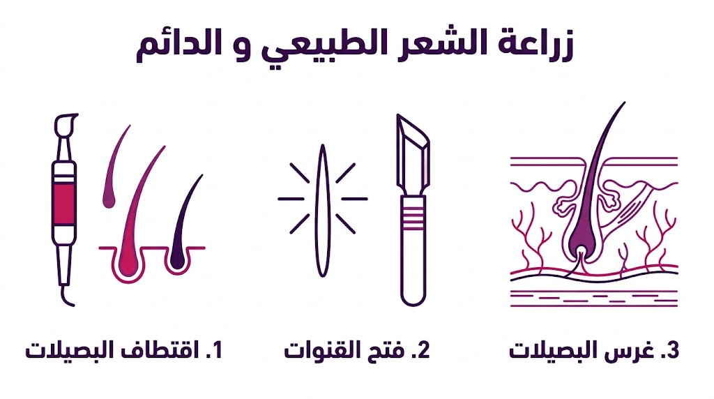 مخطط توضيحي لخطوات عملية زراعة الشعر الطبيعي و الدائم الثلاث الأساسية من الاقتطاف إلى الغرس.