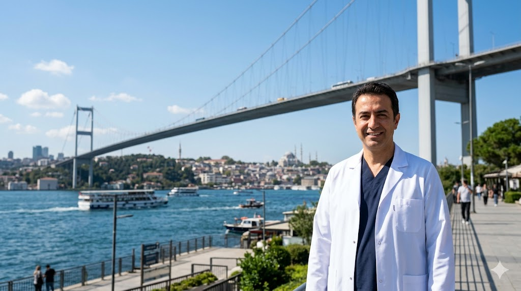 طبيب متخصص في زراعة الشعر الطبيعي و الدائم يقف أمام جسر البوسفور في إسطنبول، يرمز لنجاح السياحة العلاجية.