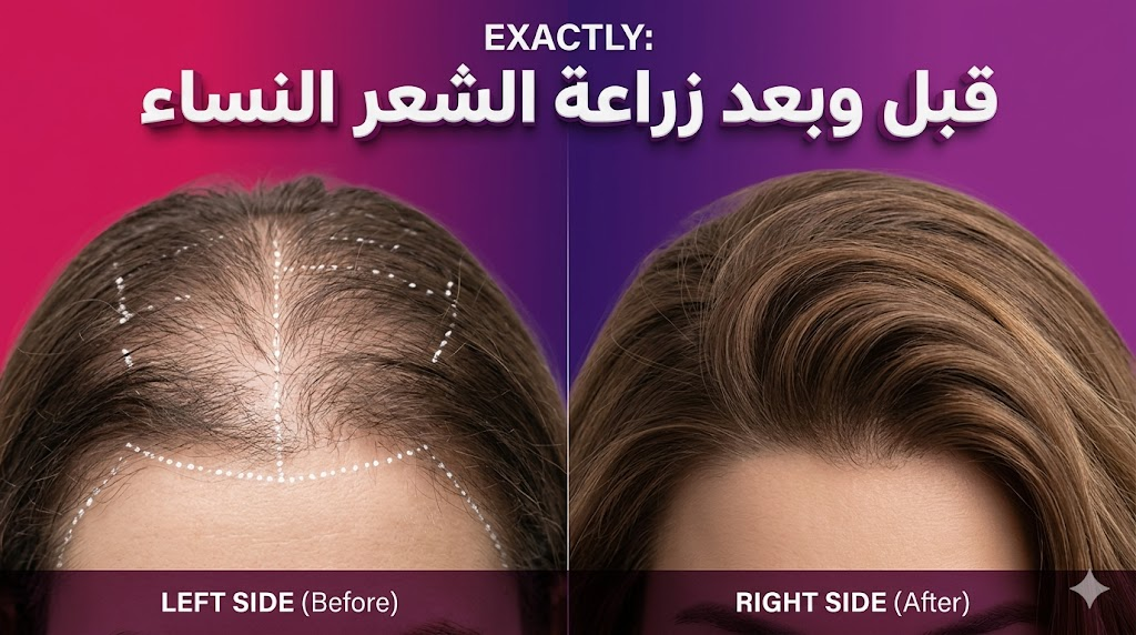 مقارنة قبل وبعد توضح نتائج زراعة الشعر النساء وتطور كثافة الشعر بشكل طبيعي.