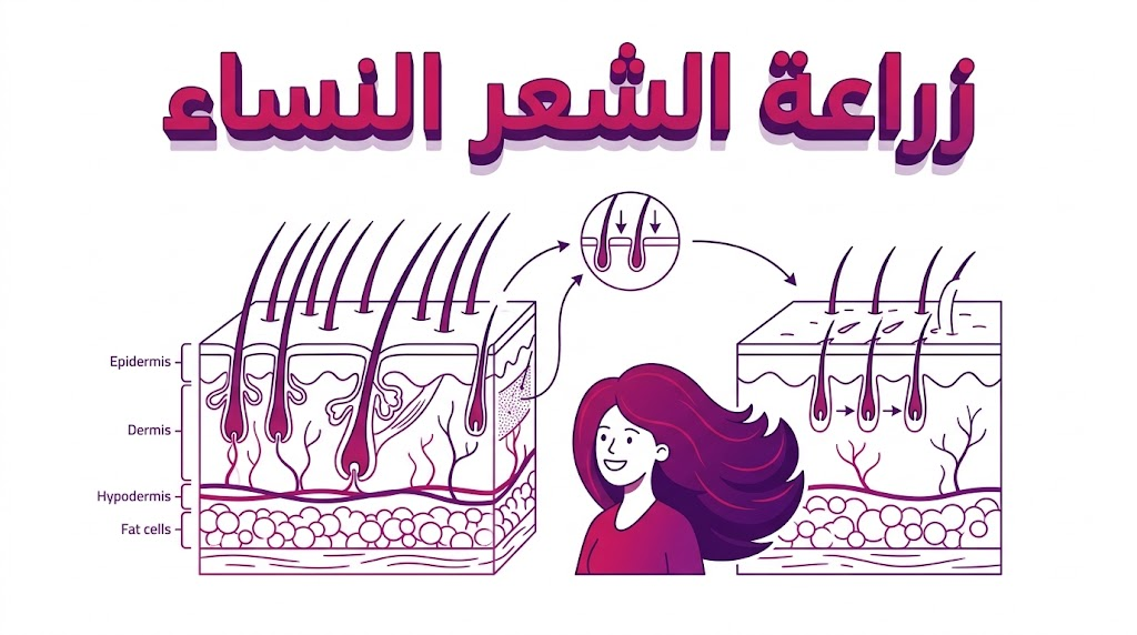  مخطط طبي يوضح الجوانب العلمية لعملية زراعة الشعر النساء وكيفية تثبيت البصيلات.