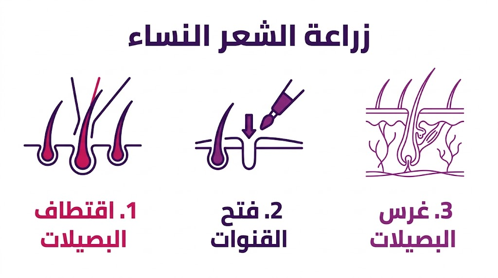 إنفوجرافيك تعليمي يشرح خطوات زراعة الشعر النساء من الاقتطاف حتى الغرس.
