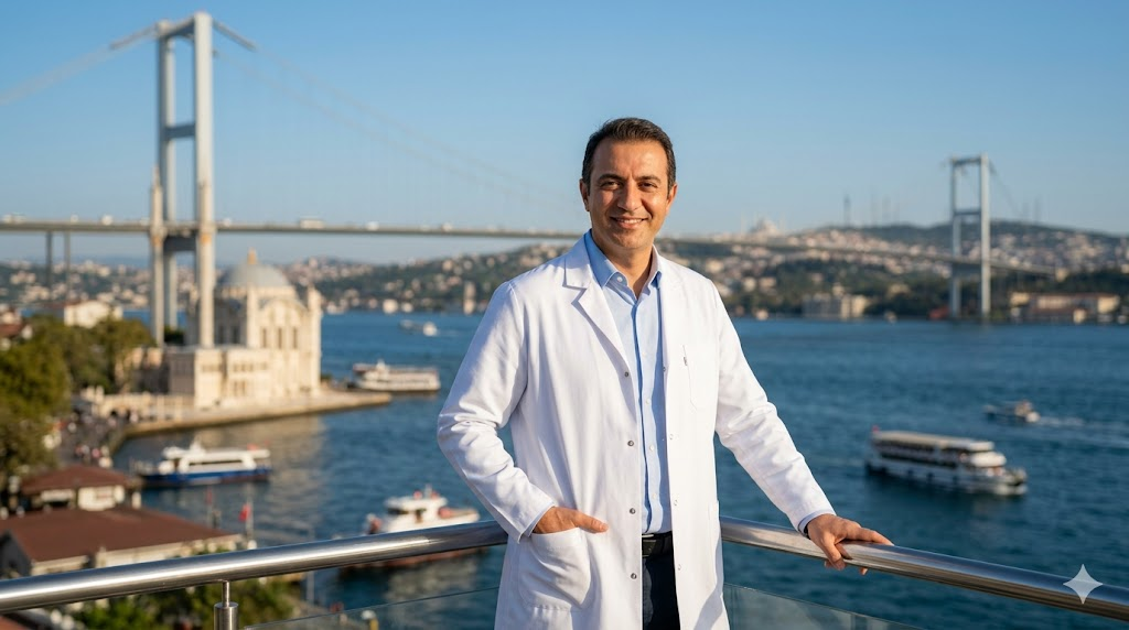  طبيب مختص في زراعة الشعر النساء يقف أمام جسر البوسفور في إسطنبول بتركيا.