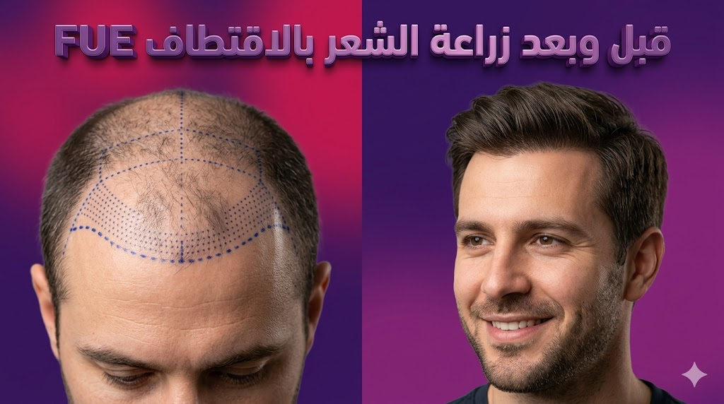  مقارنة قبل وبعد توضح نتائج زراعة الشعر بالاقتطاف FUE مع تخطيط طبي دقيق.