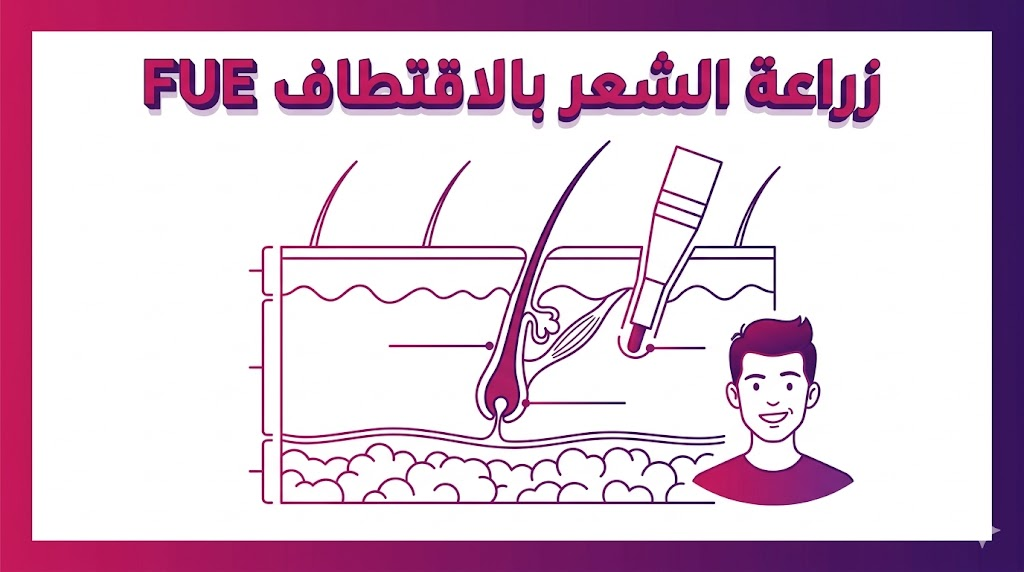  إنفوجرافيك طبي تشريحي يوضح آلية عمل زراعة الشعر بالاقتطاف FUE وطبقات الجلد.