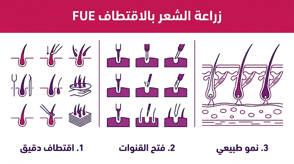  إنفوجرافيك تعليمي مقسم لثلاث مراحل توضح خطوات زراعة الشعر بالاقتطاف FUE.
