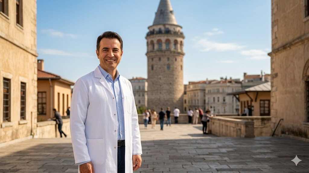  طبيب متخصص في زراعة الشعر بالاقتطاف FUE يقف أمام برج غالاتا في إسطنبول.