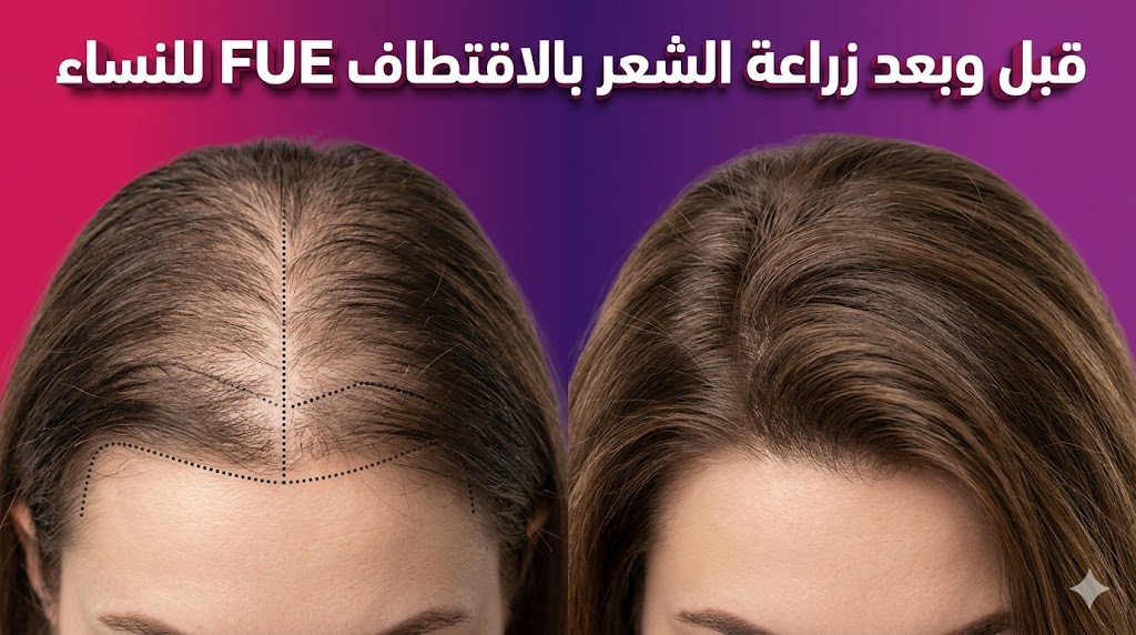 صورة قبل وبعد توضح نتائج زراعة الشعر بالاقتطاف FUE للنساء مع تحسن ملحوظ في كثافة الشعر وتغطية الفراغات.