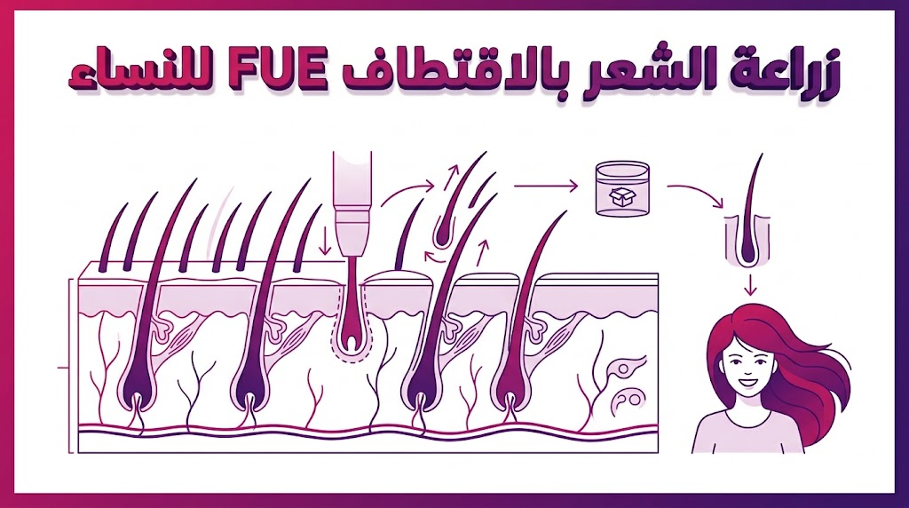 إنفوجرافيك تعليمي يوضح تشريح فروة الرأس وعملية استخراج البصيلات ضمن تقنية زراعة الشعر بالاقتطاف FUE للنساء.