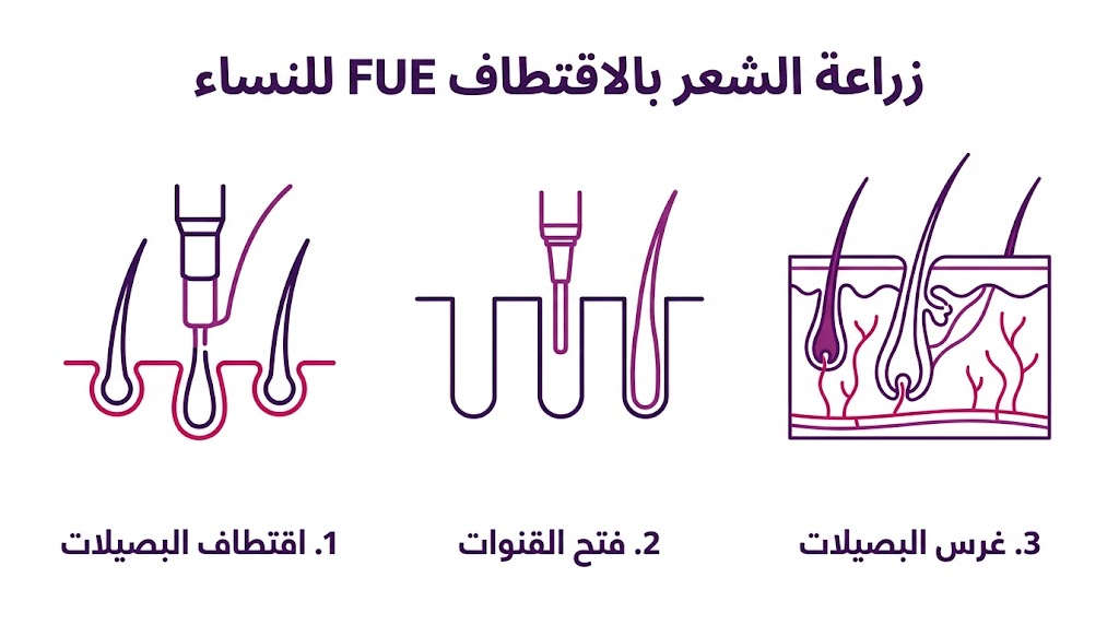 مخطط توضيحي لخطوات عملية زراعة الشعر بالاقتطاف FUE للنساء تشمل الاقتطاف وفتح القنوات والغرس.