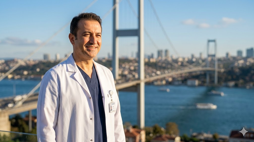 طبيب تجميل متخصص يقف أمام جسر البوسفور في إسطنبول، يمثل الخبرة الطبية في زراعة الشعر بالاقتطاف FUE للنساء في تركيا.
