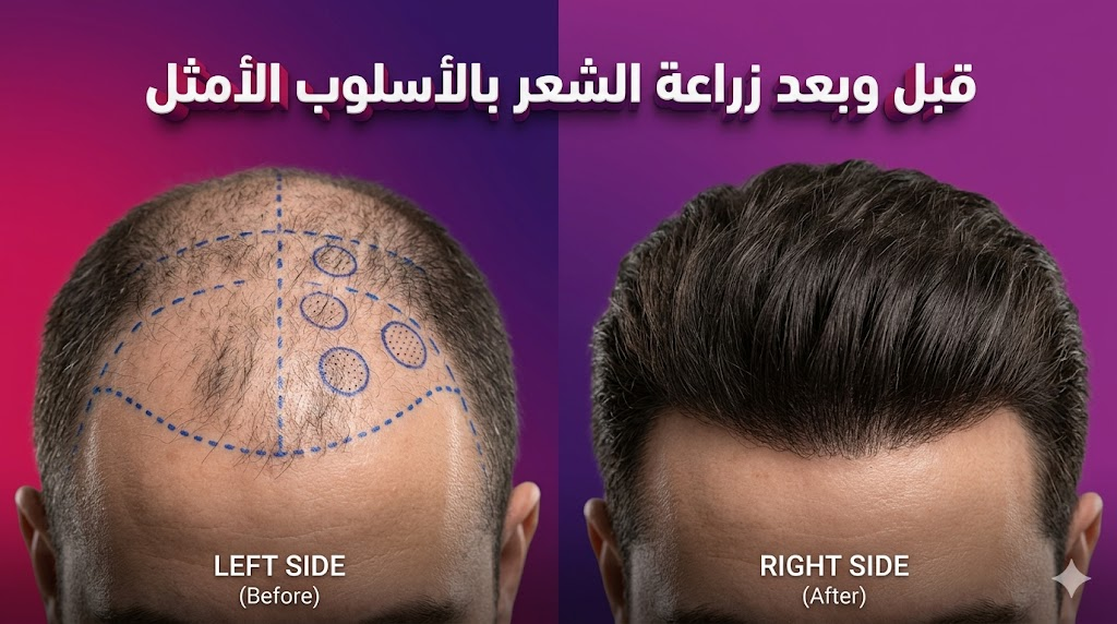 مقارنة قبل وبعد توضح نتائج زراعة الشعر بالأسلوب الأمثل مع تخطيط طبي دقيق وكثافة شعر نهائية مثالية.