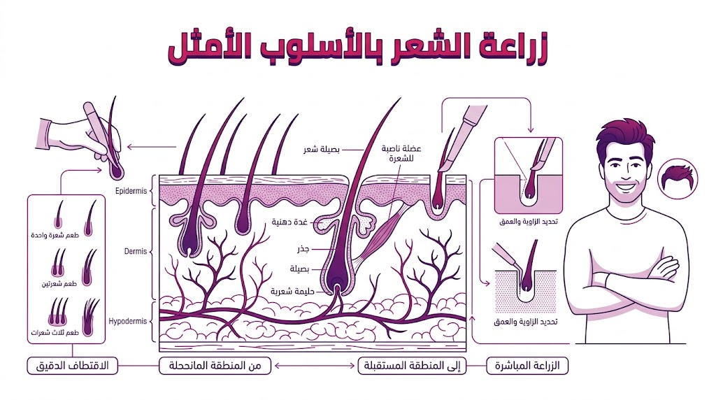  مخطط تشريحي لبصيلات الشعر وفروة الرأس يوضح العلم الكامن وراء زراعة الشعر بالأسلوب الأمثل.