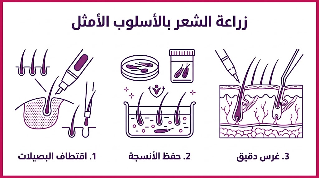  إنفوجرافيك طبي يوضح المراحل الثلاث الأساسية لعملية زراعة الشعر بالأسلوب الأمثل.
