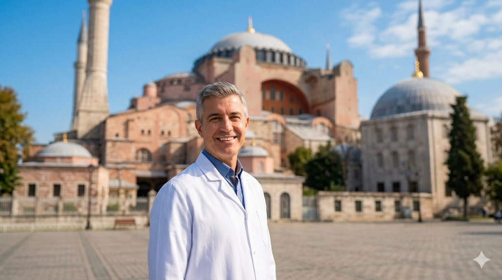  طبيب مختص في زراعة الشعر بالأسلوب الأمثل يقف بثقة أمام جامع آيا صوفيا التاريخي في إسطنبول.