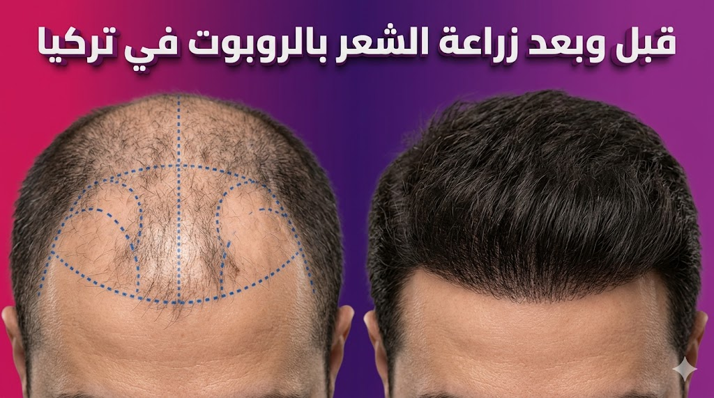  صورة قبل وبعد توضح نتائج زراعة الشعر بالروبوت في تركيا على فروة الرأس.