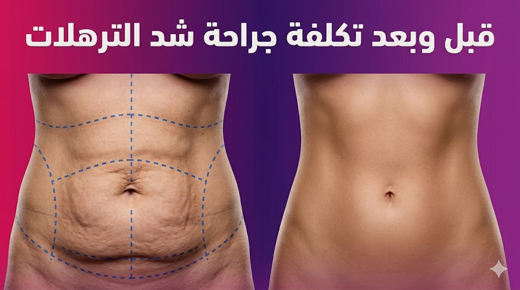  مقارنة قبل وبعد توضح نتائج العملية مع تخطيط طبي دقيق يبرز تكلفة جراحة شد الترهلات والقيمة التجميلية المحققة.
