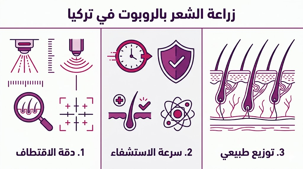 إنفوجرافيك تعليمي لثلاث ميزات أساسية لعملية زراعة الشعر بالروبوت في تركيا.