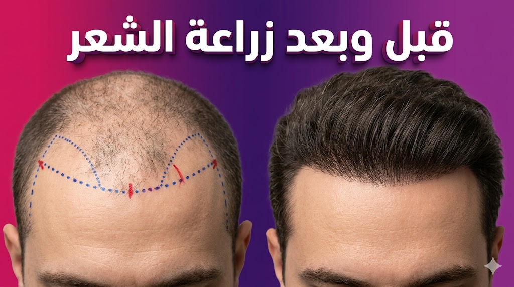  صورة مقارنة "قبل وبعد" توضح نتائج زراعة الشعر المذهلة واستعادة كثافة الشعر الطبيعية مع تخطيط طبي دقيق.