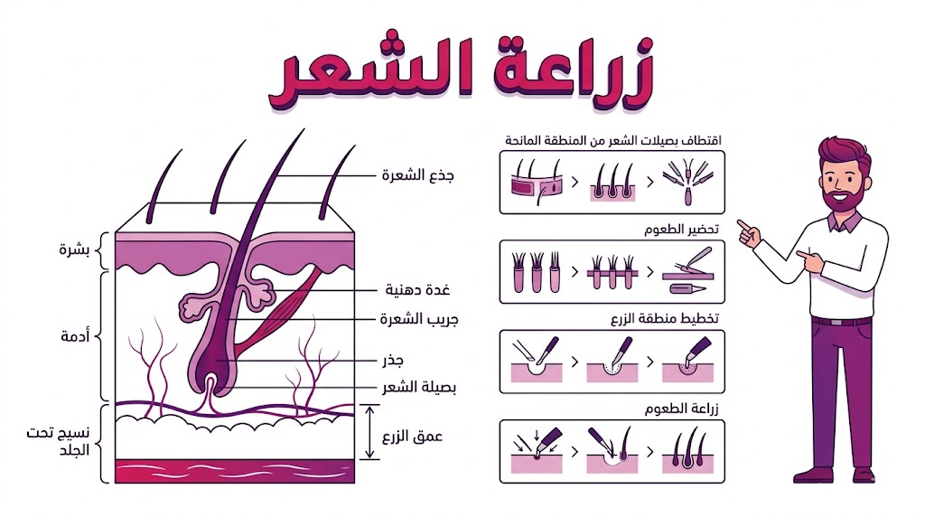 إنفوجرافيك طبي تعليمي يوضح التشريح الداخلي لبصيلات الشعر وكيفية غرسها أثناء عملية زراعة الشعر بأسلوب فني راقٍ.