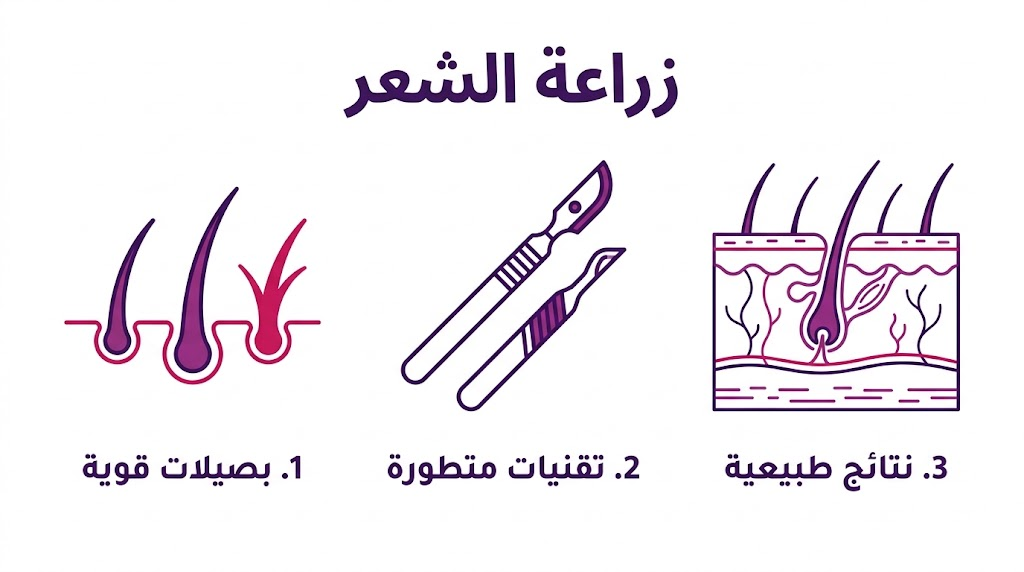  بوستر إنفوجرافيك مقسم لثلاثة أقسام يشرح ركائز زراعة الشعر الناجحة: البصيلات القوية، التقنيات المتطورة، والنتائج الطبيعية.