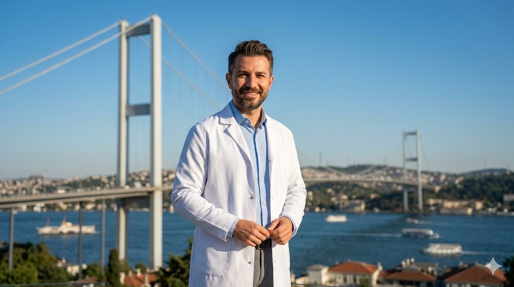  طبيب خبير في زراعة الشعر يقف بثقة أمام جسر البوسفور في إسطنبول، مما يرمز إلى الجمع بين الخبرة الطبية والسياحة العلاجية.