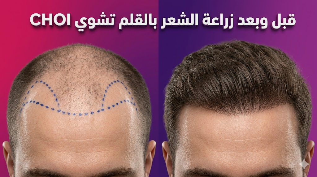  مقارنة قبل وبعد زراعة الشعر بالقلم تشوي CHOI تظهر الكثافة المحققة والفرق في نمو الشعر.