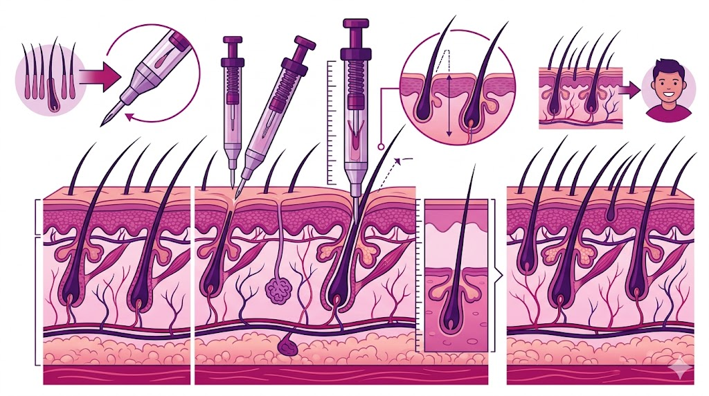 إنفوجرافيك طبي يوضح آلية عمل زراعة الشعر بالقلم تشوي CHOI داخل طبقات فروة الرأس.