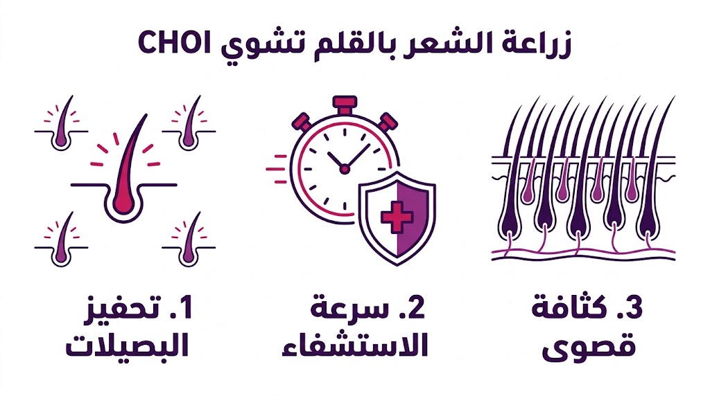 بوستر إنفوجرافيك يوضح ثلاث مميزات رئيسية لتقنية زراعة الشعر بالقلم تشوي CHOI.