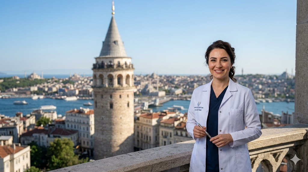  طبيب خبير في زراعة الشعر بالقلم تشوي CHOI يقف أمام برج غالاتا في إسطنبول، تركيا.