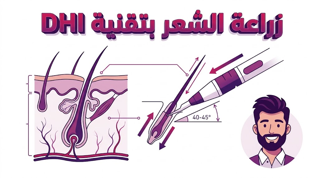  إنفوجرافيك طبي يشرح الآلية العلمية لغرس البصيلات أثناء عملية زراعة الشعر بتقنية DHI.