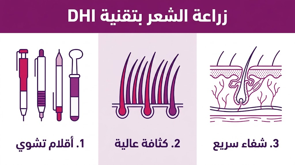 بوستر معلوماتي يوضح المزايا الثلاث الرئيسية لعملية زراعة الشعر بتقنية DHI وهي أقلام تشوي والكثافة وسرعة الشفاء.
