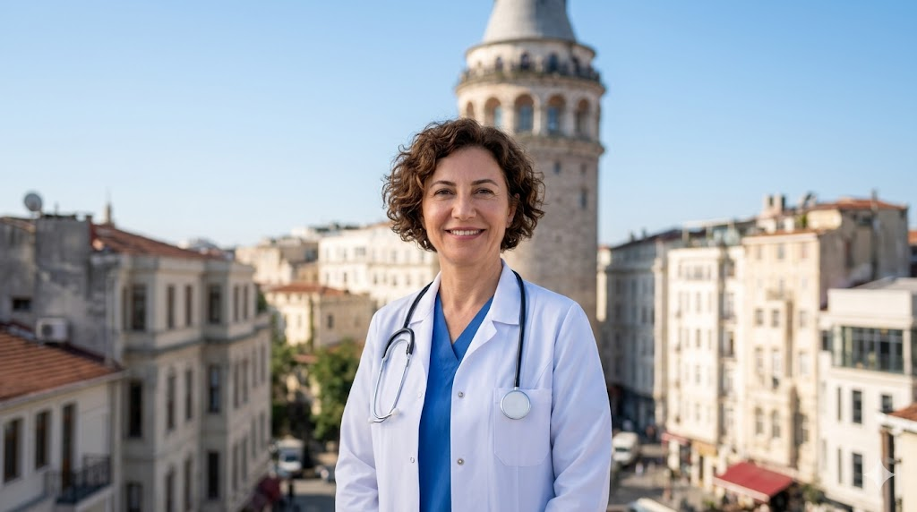  طبيب متخصص في زراعة الشعر بتقنية DHI يقف أمام برج غالاتا التاريخي في مدينة إسطنبول بتركيا.