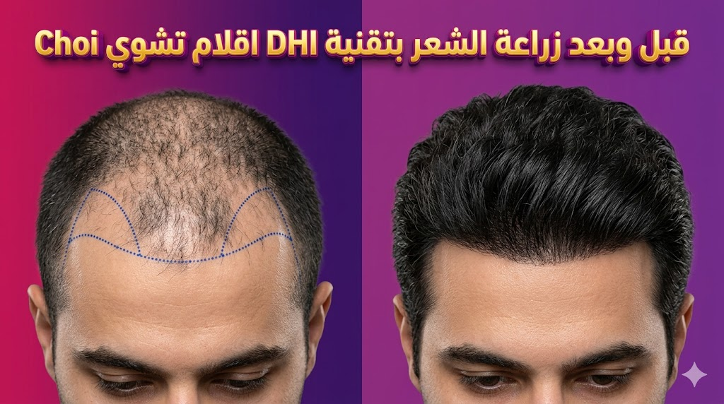 مقارنة قبل وبعد توضح كثافة النتائج المحققة عبر زراعة الشعر بتقنية DHI اقلام تشوي Choi.