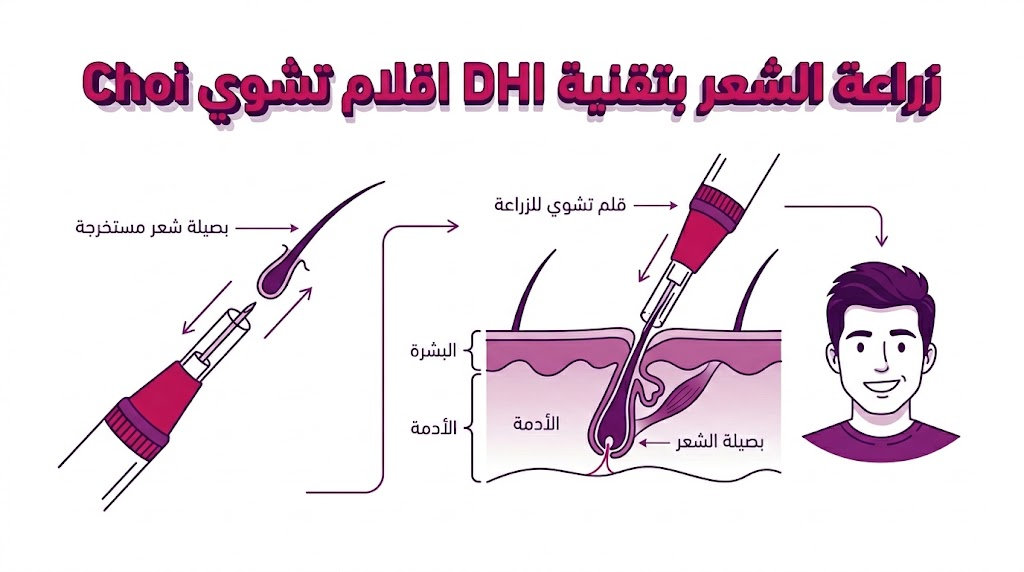  مخطط تشريحي يوضح آلية عمل أقلام تشوي في زراعة الشعر بتقنية DHI اقلام تشوي Choi.