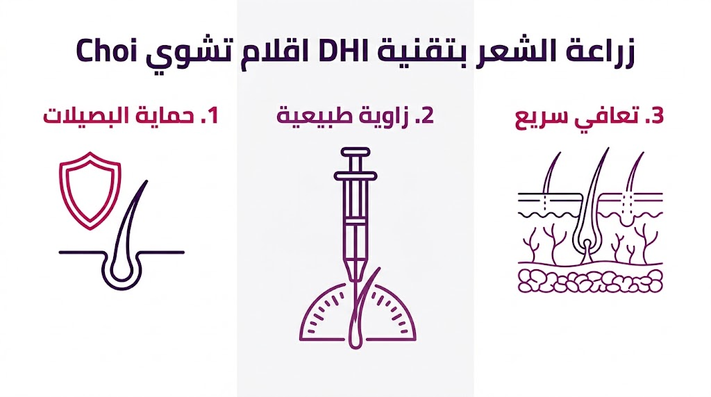  إنفوجرافيك تعليمي يلخص الفوائد الثلاث الرئيسية لعملية زراعة الشعر بتقنية DHI اقلام تشوي Choi.