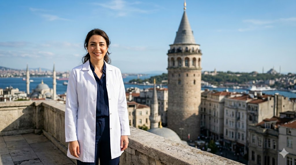  طبيب خبير في زراعة الشعر بتقنية DHI اقلام تشوي Choi يقف أمام برج غالاتا التاريخي في إسطنبول.