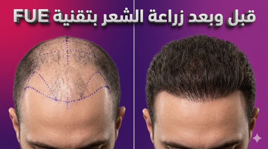 صورة "قبل وبعد" توضح نتائج زراعة الشعر بتقنية FUE مع علامات طبية توضيحية.