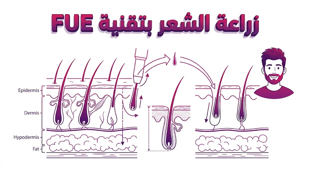 إنفوجرافيك تشريحي يوضح عملية اقتطاف وبناء بصيلات الشعر في زراعة الشعر بتقنية FUE.