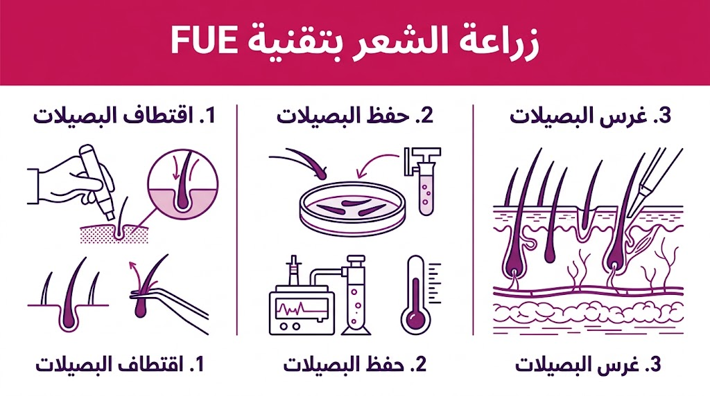  بوستر إنفوجرافيك يوضح مراحل زراعة الشعر بتقنية FUE الثلاث: الاقتطاف، الحفظ، والغرس.