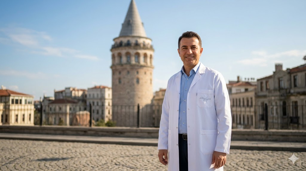 طبيب مختص في زراعة الشعر بتقنية FUE يقف أمام برج غالاتا في اسطنبول بتركيا.